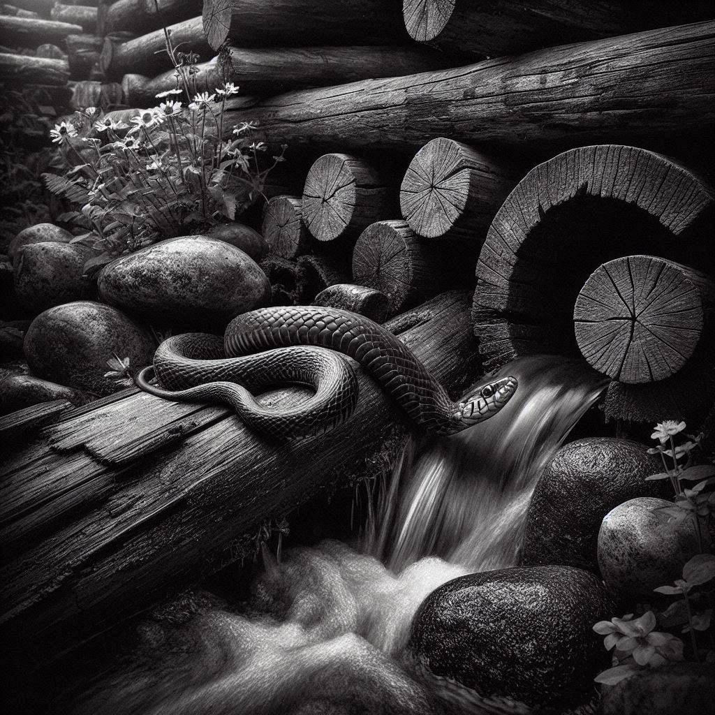 water snake in a rustic creek, black and white
